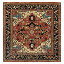 Load image into Gallery viewer, 10&#39;x10&#39; Rust Red, Ivory Color Corners, Natural Dyes, Soft Pile, Dense Weave, Hand Knotted, Antiqued Fine Heriz Re-Creation, Organic Wool, Square Oriental Rug FWR540618