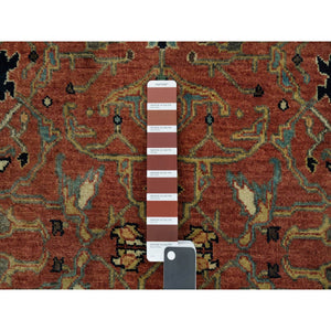 2'7"x17'9" Brick Red, Antiqued Densely Woven Fine Heriz Re-Creation, Hand Knotted, Vegetable Dyes, Soft and Plush, 100% Wool, Runner Oriental Rug FWR540648