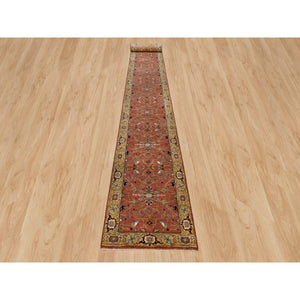 2'7"x24' Auburn Red, Dense Weave, Antiqued Fine Hand Knotted Soft Pile Heriz Re-Creation, Extra Soft Wool, XL Runner Oriental Rug FWR540654