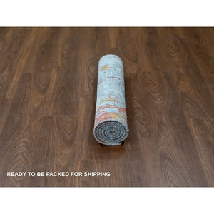 2'7"x5'8" Burnt Orange with Coin Gray, Wool and Silk, Abstract with Fire Mosaic Design, Hand Knotted, Runner, Oriental Rug FWR60066