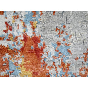 2'7"x5'10" Burnt Orange with Medium Gray, Abstract with Fire Mosaic Design, Wool and Silk, Hand Knotted, Runner, Oriental Rug FWR60072
