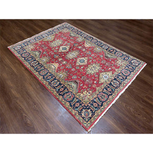 5'x6'10" Harvard Crimson Red, 100% Wool, Hand Knotted, Karajeh Design with Tribal Medallions, Oriental Rug FWR60120