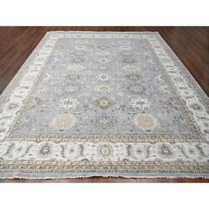 12'2"x15' Metallic Gray, Hand Knotted, Karajeh And Geometric Design, Organic Wool, Oversized, Oriental Rug FWR60180