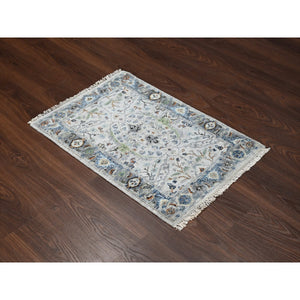 2'x3' Ice Gray, Oushak With Floral Motifs, Natural Wool, Hand Knotted, Denser Weave, Mat, Oriental Rug FWR60264