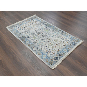 3'x4'10" Platinum Gray, Denser Weave, Oushak with Floral Motifs, Natural Wool, Hand Knotted, Oriental Rug FWR60270