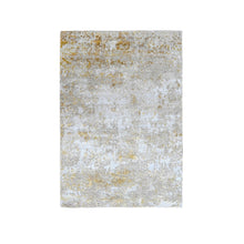 Load image into Gallery viewer, 4&#39;x5&#39;9&quot; Pastel Gray with Touches of Gold, Hi-Low Pile, Abstract Design, Wool and Silk, Hand Knotted, Oriental Rug FWR60330