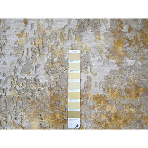 4'x5'9" Pastel Gray with Touches of Gold, Hi-Low Pile, Abstract Design, Wool and Silk, Hand Knotted, Oriental Rug FWR60330