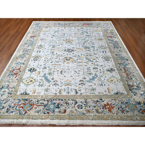 11'10"x15' Heavenly Gray, Broken And Erased Persian Heriz Design, Natural Wool, Soft Color Pallet, Hand Knotted, Densely Woven, Oversized, Oriental Rug FWR60366