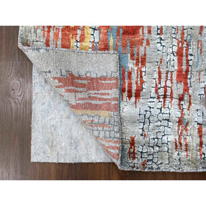 2'5"x25'8" Dark Coral With Cloud Gray, Abstract With Fire Mosaic Design, Hand Knotted, Wool And Silk, Xl Runner, Oriental Rug FWR60384