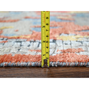 2'5"x25'8" Dark Coral with Cloud Gray, Abstract with Fire Mosaic Design, Hand Knotted, Wool and Silk, XL Runner, Oriental Rug FWR60384
