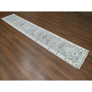 2'9"x14' Medium Gray, Hand Knotted, Karajeh and Geometric Design, Organic Wool, Runner, Oriental Rug FWR60414