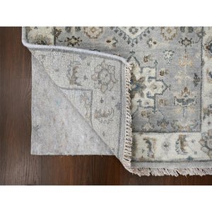 2'9"x14' Medium Gray, Hand Knotted, Karajeh and Geometric Design, Organic Wool, Runner, Oriental Rug FWR60414