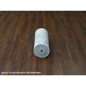 2'9"x14' Medium Gray, Hand Knotted, Karajeh and Geometric Design, Organic Wool, Runner, Oriental Rug FWR60414