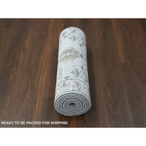 2'7"x9'9" Cloud Gray, Organic Wool, Karajeh and Geometric Design, Hand Knotted, Runner, Oriental Rug FWR60438