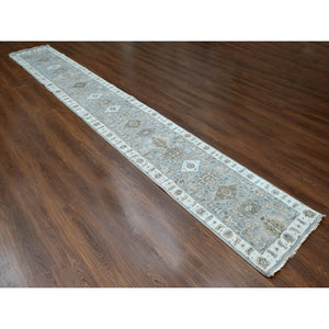 2'6"x18' Misty Gray, Karajeh and Geometric Design, Natural Wool, Hand Knotted, XL Runner, Oriental Rug FWR60450