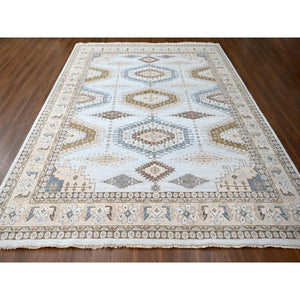 12'x14'8" Cloud Gray, Persian Village Inspired Geometric Elements Design, Pure Wool, Natural Dyes, Denser Weave, Hand Knotted, Oriental Oversized Rug FWR60468