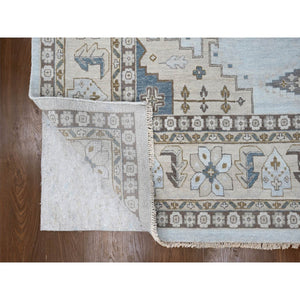 12'x14'8" Cloud Gray, Persian Village Inspired Geometric Elements Design, Pure Wool, Natural Dyes, Denser Weave, Hand Knotted, Oriental Oversized Rug FWR60468