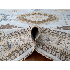 12'x14'8" Cloud Gray, Persian Village Inspired Geometric Elements Design, Pure Wool, Natural Dyes, Denser Weave, Hand Knotted, Oriental Oversized Rug FWR60468