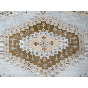 12'x14'8" Cloud Gray, Persian Village Inspired Geometric Elements Design, Pure Wool, Natural Dyes, Denser Weave, Hand Knotted, Oriental Oversized Rug FWR60468