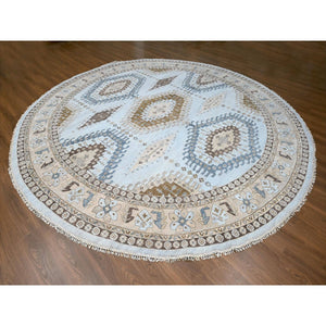 13'10"x13'10" Mist Gray, Hand Knotted, Persian Village Inspired Geometric Elements Design, Natural Dyes, Denser Weave, Pure Wool, Round, Oriental Rug FWR60474