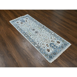 2'5"x5'10" Snow White, Oushak with Floral Motifs, Hand Knotted, Denser Weave, Natural Wool, Runner, Oriental Rug FWR60504
