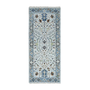 2'5"x5'10" Chiffon White, Hand Knotted, Denser Weave, Oushak with Floral Motifs, Natural Wool, Oriental, Runner Rug FWR60510