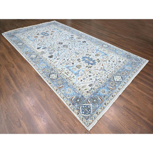 8'10"x16' Pearl White, Oushak With Floral Motifs, Denser Weave, Hand Knotted, Natural Wool, Wide Gallery Size, Oriental Rug FWR60552