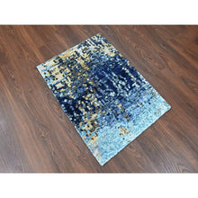 Load image into Gallery viewer, 2&#39;x3&#39; Yale Blue With Mix Of Gold, Modern Mosaic Design, Hand Knotted, Persian Knot, Denser Weave, Wool And Silk, Mat, Oriental Rug FWR60594