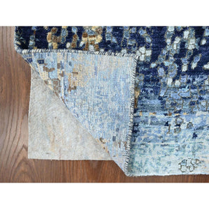 2'x3' Yale Blue With Mix Of Gold, Modern Mosaic Design, Hand Knotted, Persian Knot, Denser Weave, Wool And Silk, Mat, Oriental Rug FWR60594