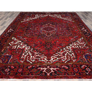 8'7"x10'10" Pomegranate Red, Hand Knotted Evenly Worn Pure Wool, Old Persian Heriz, Good condition, Sides and Ends Professionally Secured and Cleaned, Sheared Low, Oriental Rug Sh100 FWR600
