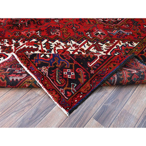 8'7"x10'10" Pomegranate Red, Hand Knotted Evenly Worn Pure Wool, Old Persian Heriz, Good condition, Sides and Ends Professionally Secured and Cleaned, Sheared Low, Oriental Rug Sh100 FWR600
