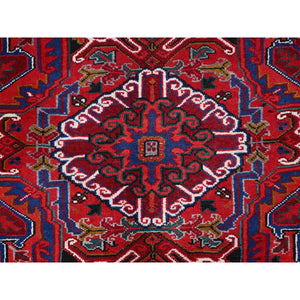 8'7"x10'10" Pomegranate Red, Hand Knotted Evenly Worn Pure Wool, Old Persian Heriz, Good condition, Sides and Ends Professionally Secured and Cleaned, Sheared Low, Oriental Rug Sh100 FWR600