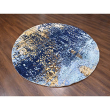Load image into Gallery viewer, 7&#39;9&quot;x7&#39;9&quot; Denim Blue with Mix of Gold, Modern Mosaic Design, Persian Knot, Denser Weave, Hand Knotted, Wool and Silk, Round, Oriental Rug FWR60600