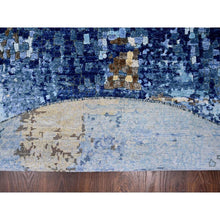 Load image into Gallery viewer, 7&#39;9&quot;x7&#39;9&quot; Denim Blue with Mix of Gold, Modern Mosaic Design, Persian Knot, Denser Weave, Hand Knotted, Wool and Silk, Round, Oriental Rug FWR60600