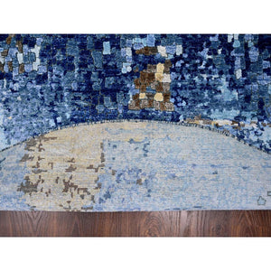 7'9"x7'9" Denim Blue with Mix of Gold, Modern Mosaic Design, Persian Knot, Denser Weave, Hand Knotted, Wool and Silk, Round, Oriental Rug FWR60600