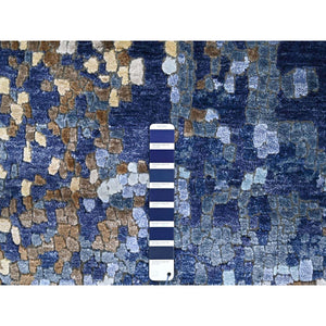 7'9"x7'9" Denim Blue with Mix of Gold, Modern Mosaic Design, Persian Knot, Denser Weave, Hand Knotted, Wool and Silk, Round, Oriental Rug FWR60600