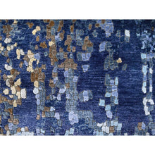 Load image into Gallery viewer, 7&#39;9&quot;x7&#39;9&quot; Denim Blue with Mix of Gold, Modern Mosaic Design, Persian Knot, Denser Weave, Hand Knotted, Wool and Silk, Round, Oriental Rug FWR60600