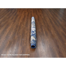 Load image into Gallery viewer, 7&#39;9&quot;x7&#39;9&quot; Denim Blue with Mix of Gold, Modern Mosaic Design, Persian Knot, Denser Weave, Hand Knotted, Wool and Silk, Round, Oriental Rug FWR60600