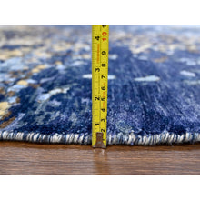 Load image into Gallery viewer, 7&#39;9&quot;x7&#39;9&quot; Denim Blue with Mix of Gold, Modern Mosaic Design, Persian Knot, Denser Weave, Hand Knotted, Wool and Silk, Round, Oriental Rug FWR60600
