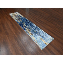 Load image into Gallery viewer, 2&#39;6&quot;x12&#39; Yale Blue With Mix Of Gold, Denser Weave, Modern Mosaic Design, Persian Knot, Hand Knotted, Wool And Silk, Runner, Oriental Rug FWR60606