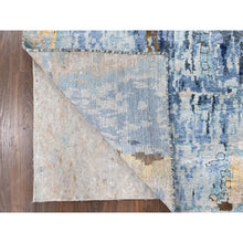 Load image into Gallery viewer, 2&#39;6&quot;x12&#39; Yale Blue With Mix Of Gold, Denser Weave, Modern Mosaic Design, Persian Knot, Hand Knotted, Wool And Silk, Runner, Oriental Rug FWR60606