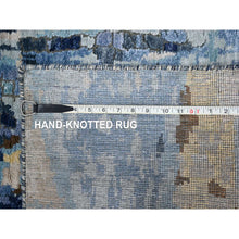 Load image into Gallery viewer, 2&#39;6&quot;x12&#39; Yale Blue With Mix Of Gold, Denser Weave, Modern Mosaic Design, Persian Knot, Hand Knotted, Wool And Silk, Runner, Oriental Rug FWR60606