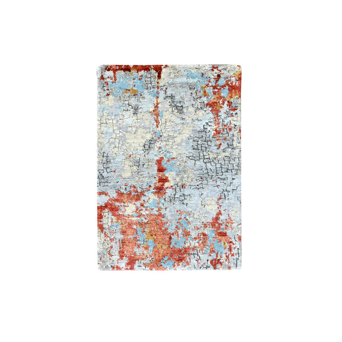 2'x3' Burnt Orange with Coin Gray, Wool and Silk, Abstract with Fire Mosaic Design, Hand Knotted, Mat, Oriental Rug FWR60618