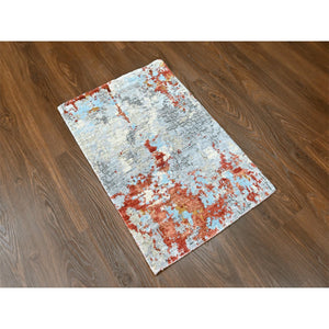 2'x3' Burnt Orange with Coin Gray, Wool and Silk, Abstract with Fire Mosaic Design, Hand Knotted, Mat, Oriental Rug FWR60618