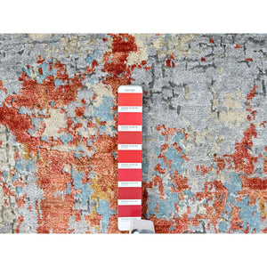 2'x3' Burnt Orange with Coin Gray, Wool and Silk, Abstract with Fire Mosaic Design, Hand Knotted, Mat, Oriental Rug FWR60618