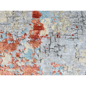 2'x3' Burnt Orange with Coin Gray, Wool and Silk, Abstract with Fire Mosaic Design, Hand Knotted, Mat, Oriental Rug FWR60618