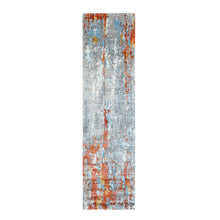 Load image into Gallery viewer, 2&#39;6&quot;x9&#39;9&quot; Rust Orange with Medium Gray, Hand Knotted, Abstract with Fire Mosaic Design, Wool and Silk, Runner, Oriental Rug FWR60624