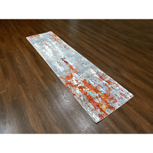 Load image into Gallery viewer, 2&#39;6&quot;x9&#39;9&quot; Rust Orange with Medium Gray, Hand Knotted, Abstract with Fire Mosaic Design, Wool and Silk, Runner, Oriental Rug FWR60624