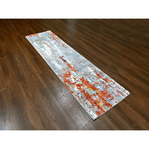 2'6"x9'9" Rust Orange with Medium Gray, Hand Knotted, Abstract with Fire Mosaic Design, Wool and Silk, Runner, Oriental Rug FWR60624