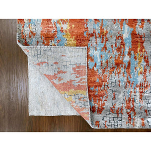 2'6"x9'9" Rust Orange with Medium Gray, Hand Knotted, Abstract with Fire Mosaic Design, Wool and Silk, Runner, Oriental Rug FWR60624